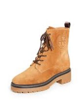 Tory Burch Tan Leather Lace-Up Combat Boot with Black Trim